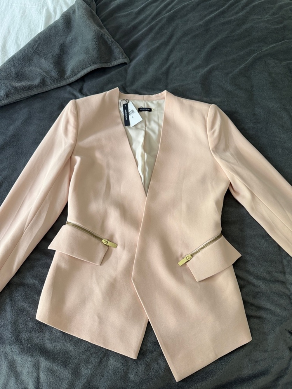 Magaschoni Blush Peplum Blazer with Gold Zipper Accents